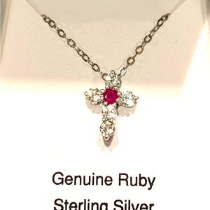 Genuine Ruby & White Topaz Cross w/Sterling Silver Chain